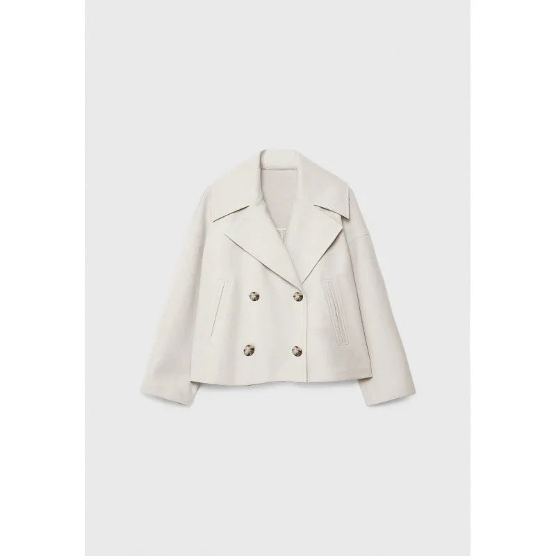 Milky white women's double breasted lapel blazer with silver button detail front view