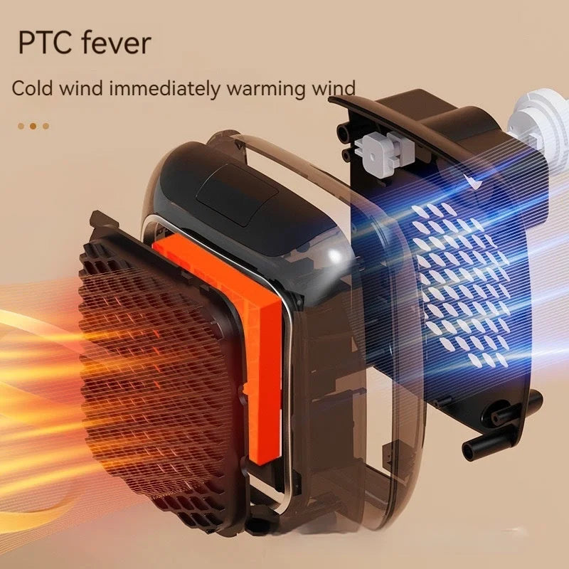 Mini fan heater cutaway showing PTC ceramic heating core and airflow system