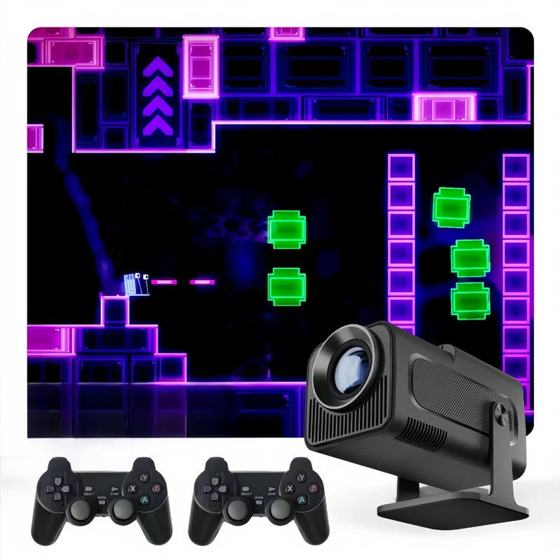 Mini projector with game console projecting neon platform game graphics