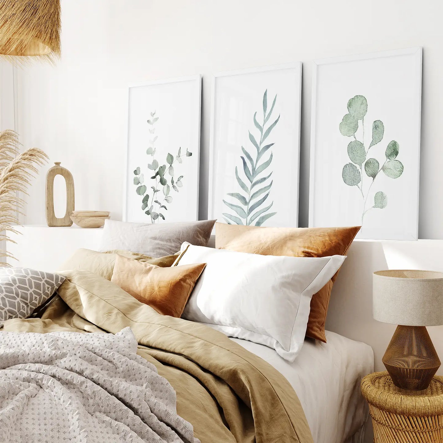 Watercolor Botanical Wall Art Set of 3 Green Leaf Prints