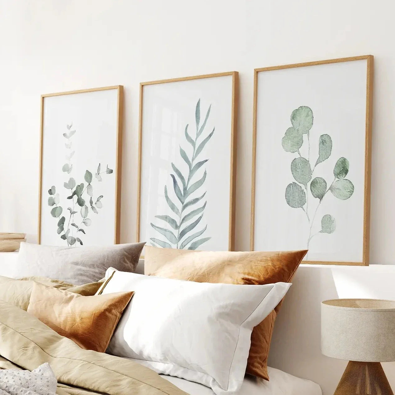 Watercolor botanical wall art set of 3 green leaf prints