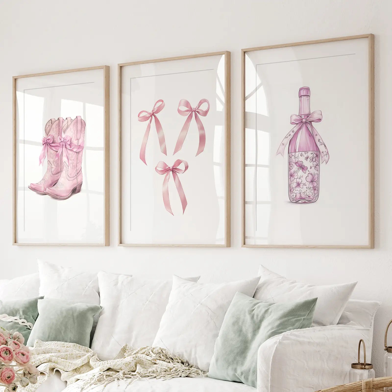 Pink preppy western wall art set of 3 prints with cowboy boots and bows