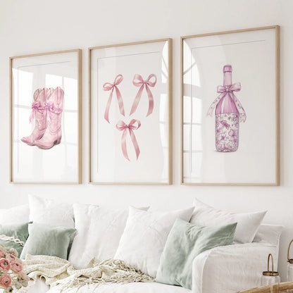Pink preppy western wall art set of 3 prints with cowboy boots and bows