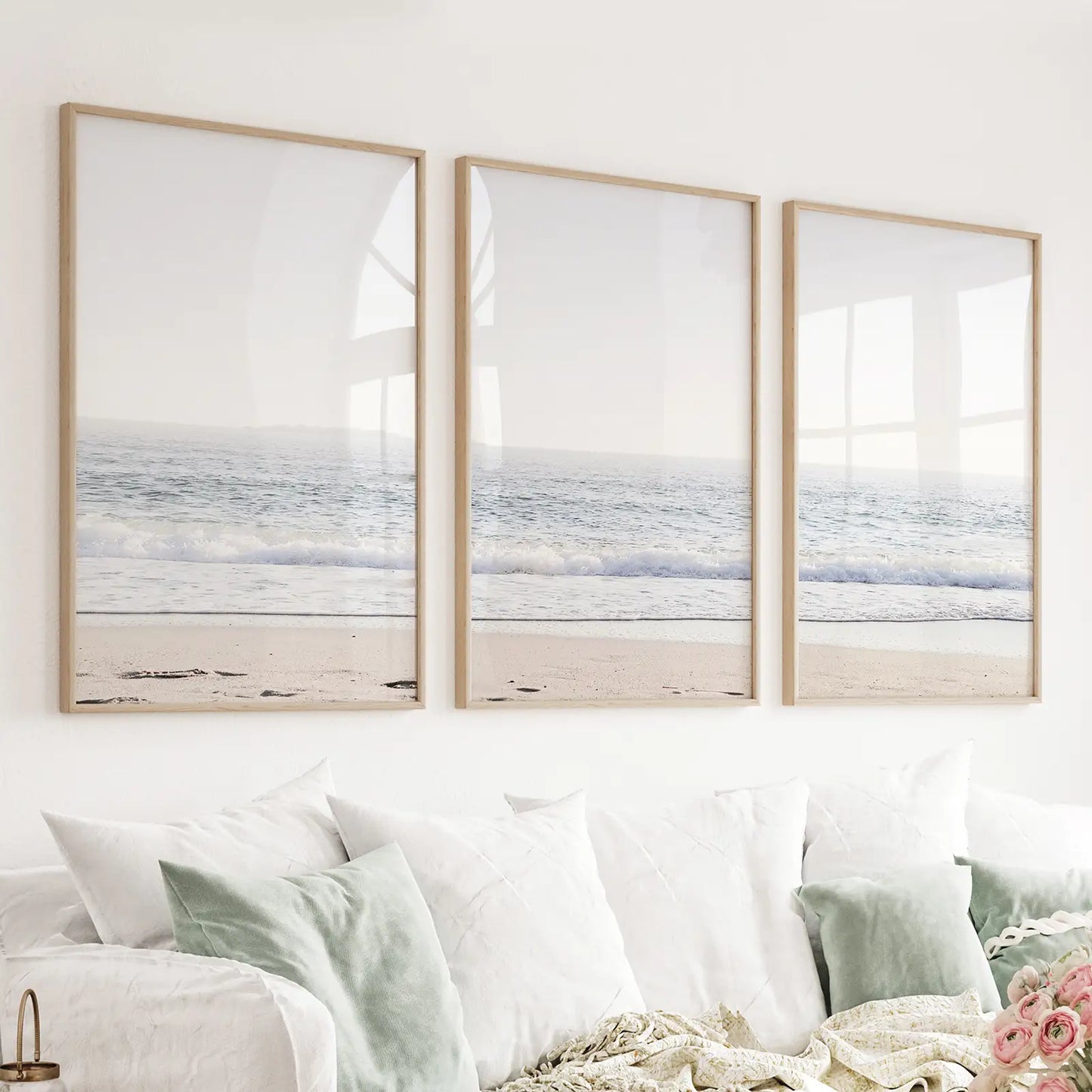 Set of 3 pastel coastal wave wall art prints in pink and beige tones