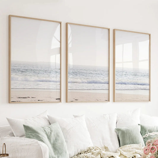 Set of 3 pastel coastal wave wall art prints in pink and beige tones