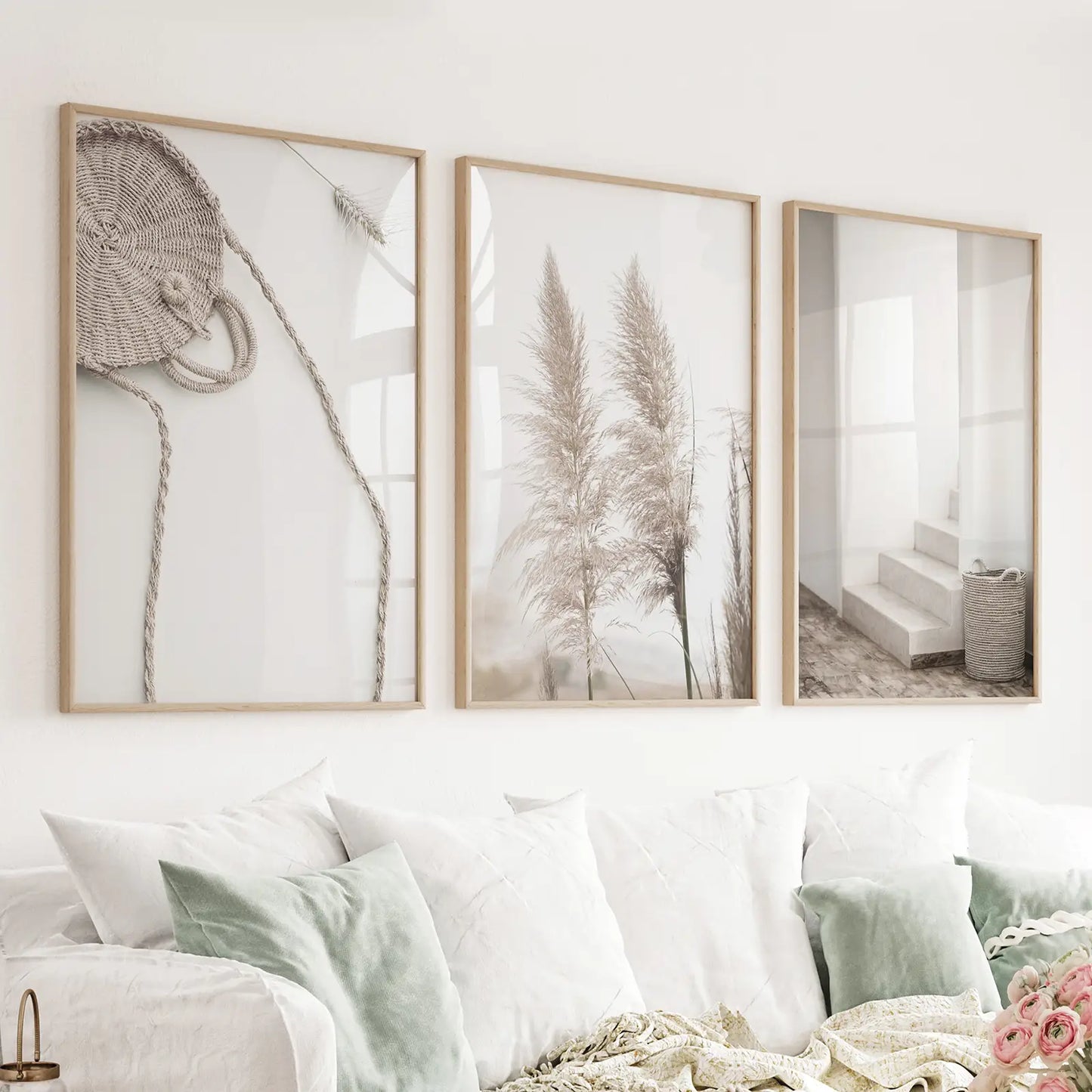 Set of 3 boho pampas grass wall art prints in neutral tones