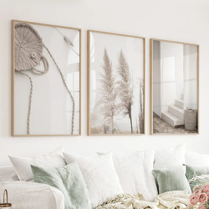 Set of 3 boho pampas grass wall art prints in neutral tones