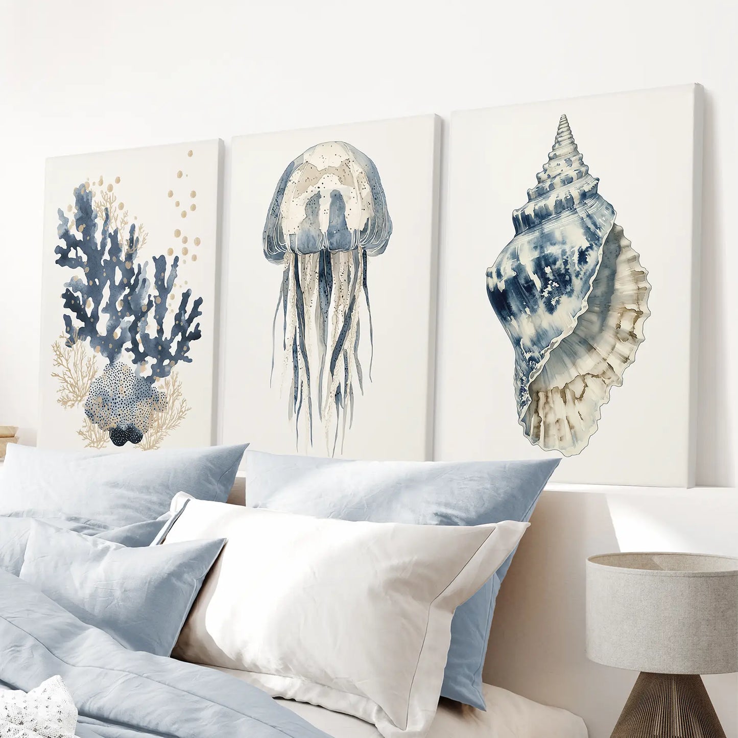 Beach House Wall Art Set Blue Coral Jellyfish Shell