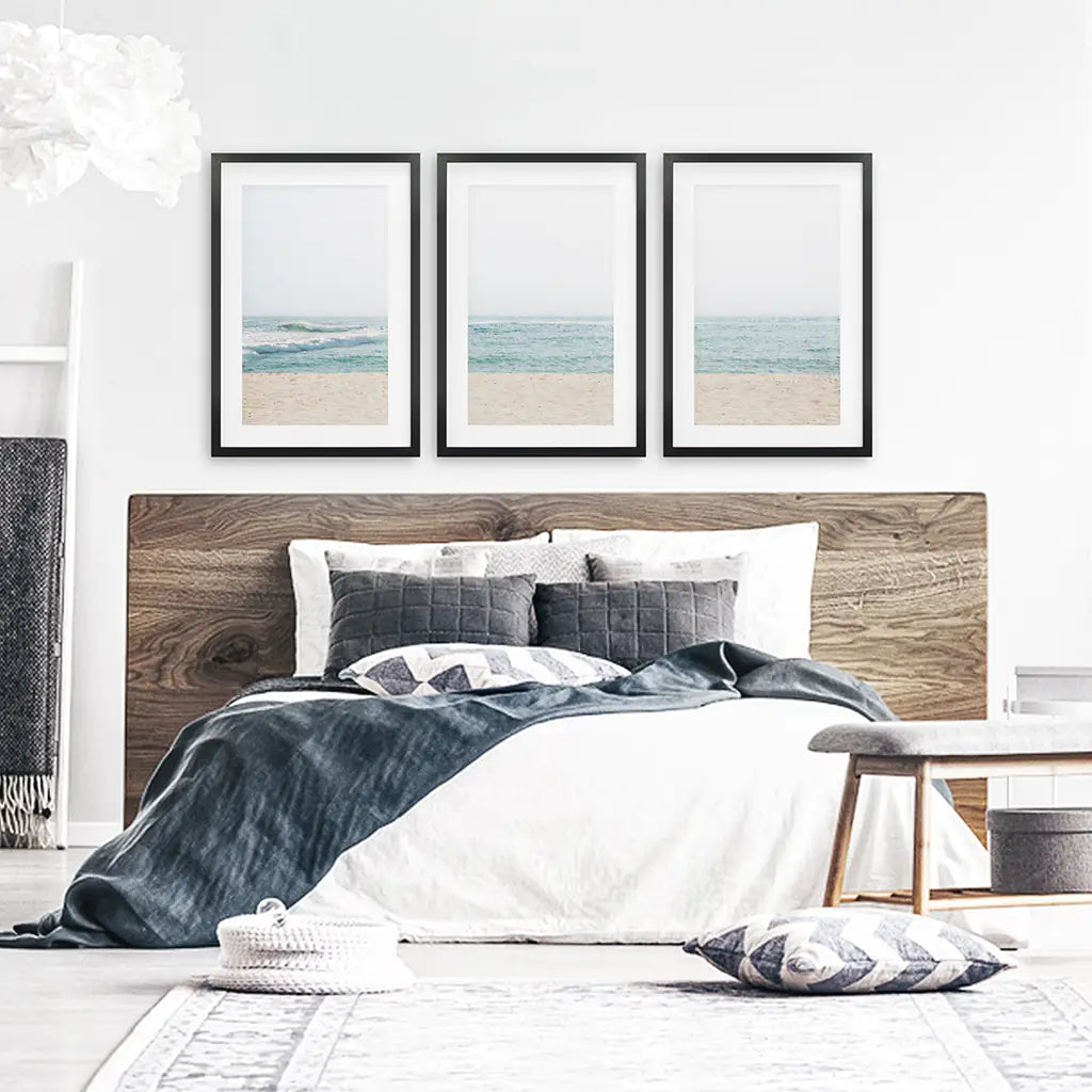 Minimalist Seashore Wall Art Set of 3. Beige Blue Waves