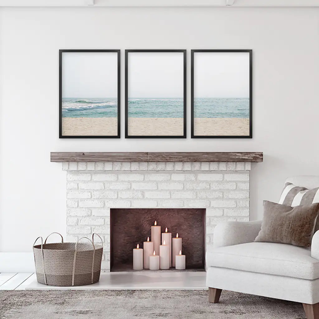 Minimalist Seashore Wall Art Set of 3. Beige Blue Waves