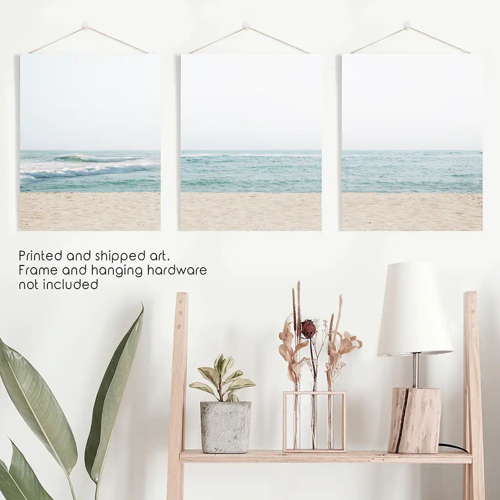 Minimalist Seashore Wall Art Set of 3. Beige Blue Waves