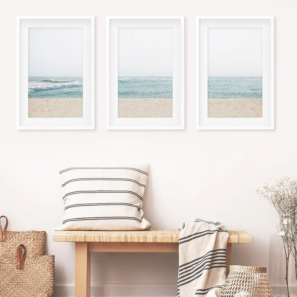 Minimalist Seashore Wall Art Set of 3. Beige Blue Waves