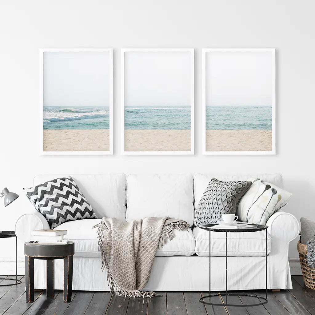 Minimalist Seashore Wall Art Set of 3. Beige Blue Waves