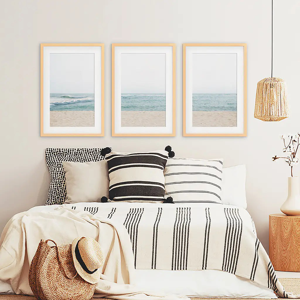 Minimalist Seashore Wall Art Set of 3. Beige Blue Waves