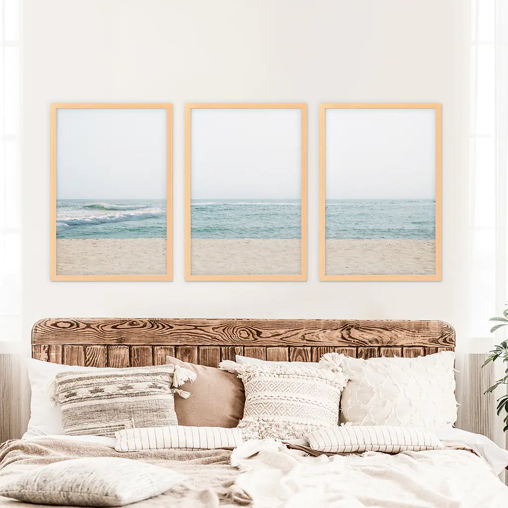 Minimalist Seashore Wall Art Set of 3. Beige Blue Waves
