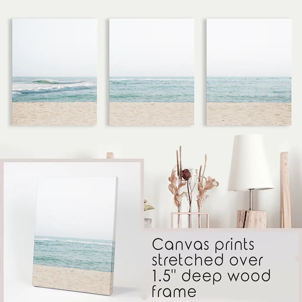Minimalist Seashore Wall Art Set of 3. Beige Blue Waves