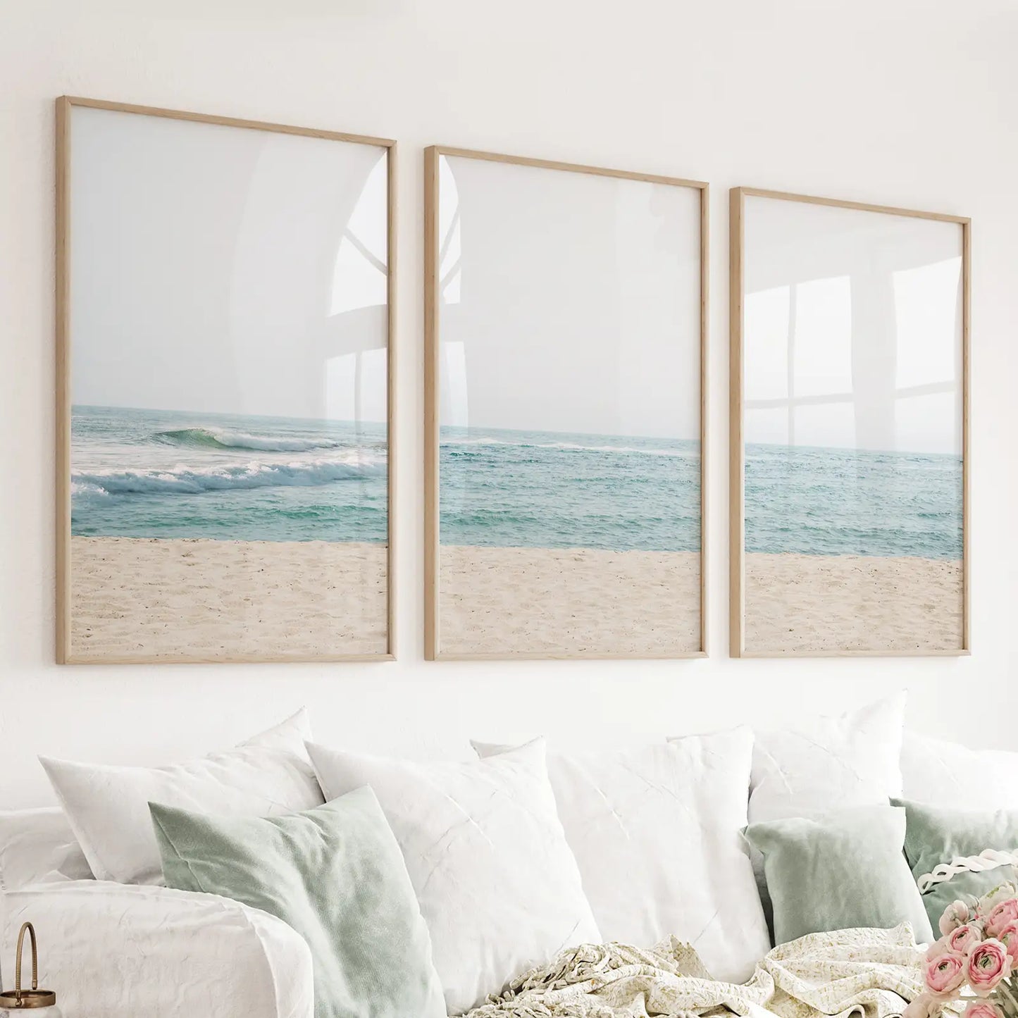 Set of 3 minimalist beige and blue seashore wave prints