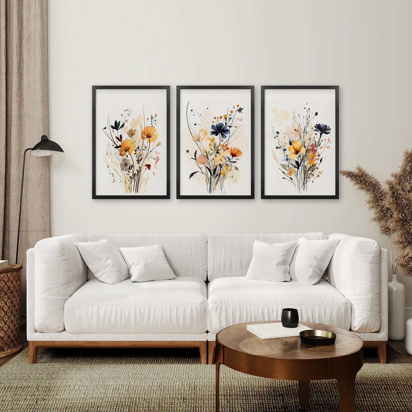 Neutral Wildflower Wall Art Set of 3 Watercolor Prints
