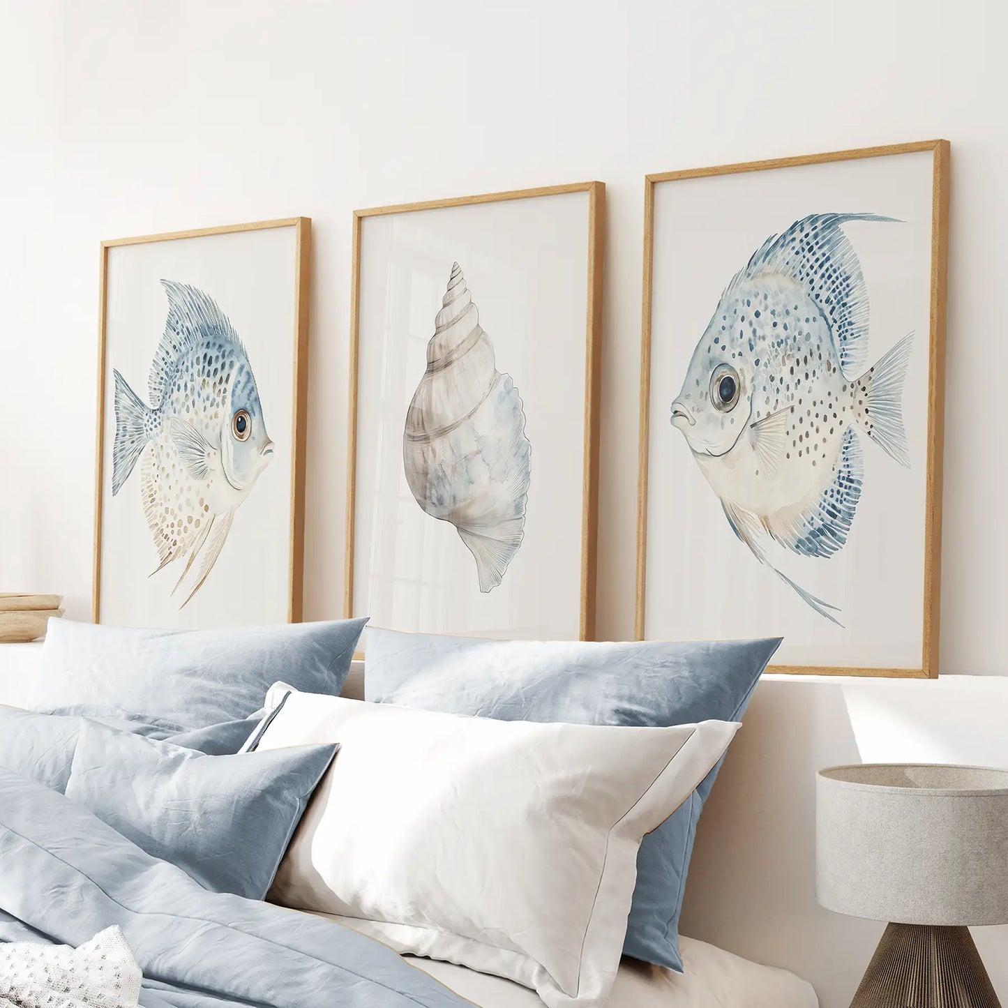 Set of 3 nautical seashell and fish coastal wall art prints