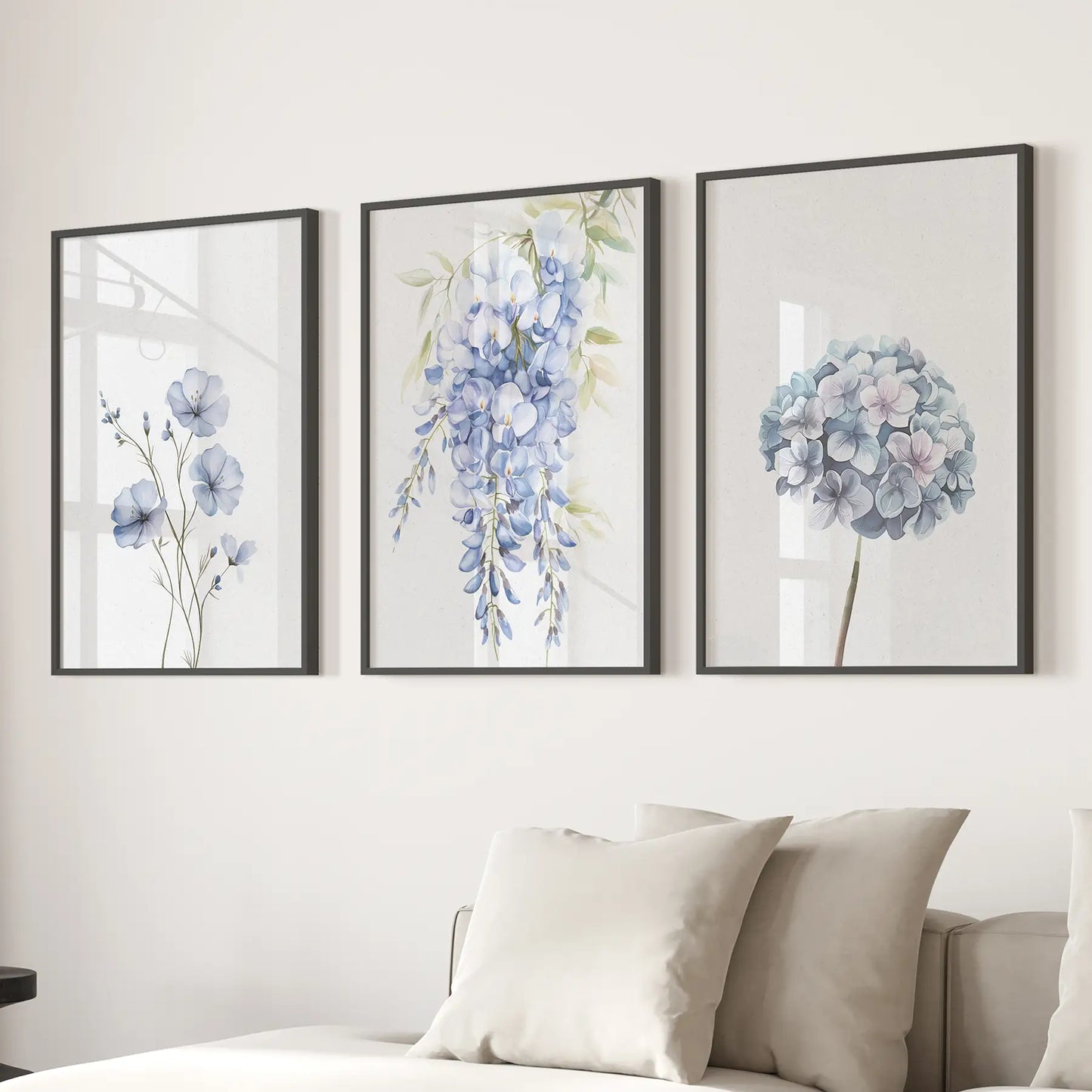 Blue Watercolor Flowers Wall Art Set of 3 Prints