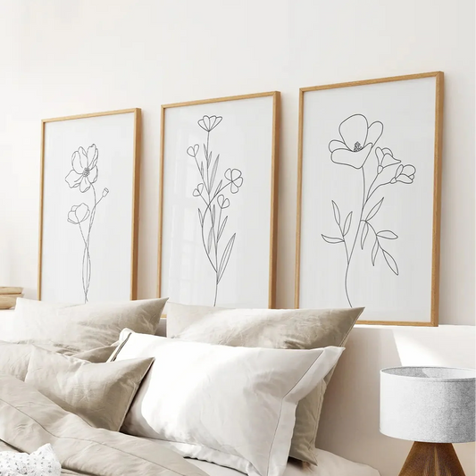 Set of 3 wildflower line art botanical wall prints
