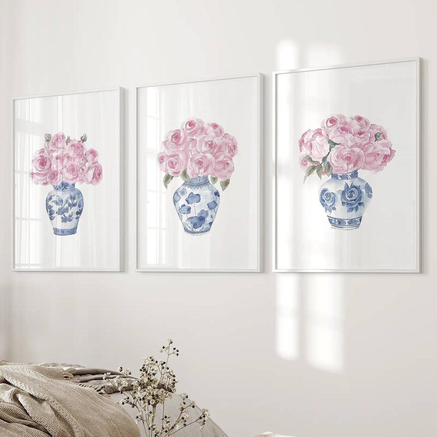 Blue Chinoiserie Roses Wall Art Set of 3 Floral Prints