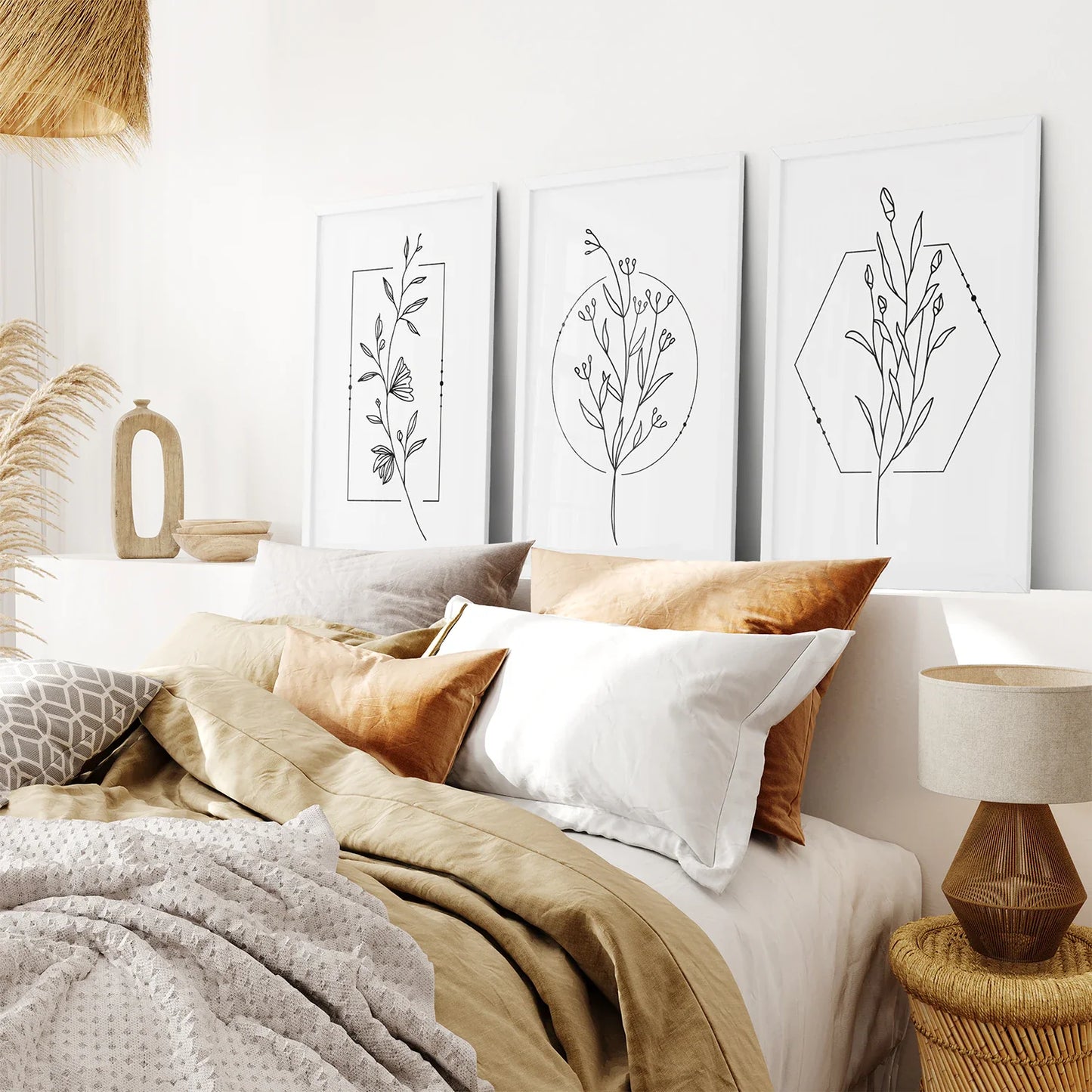Minimal Flower Line Art Set of 3, Black White Floral