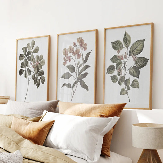 Rustic botanical vintage flowers wall art print set