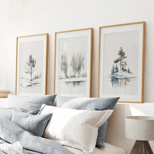 Vintage watercolor forest 3 piece wall art set in blue, green, and gray