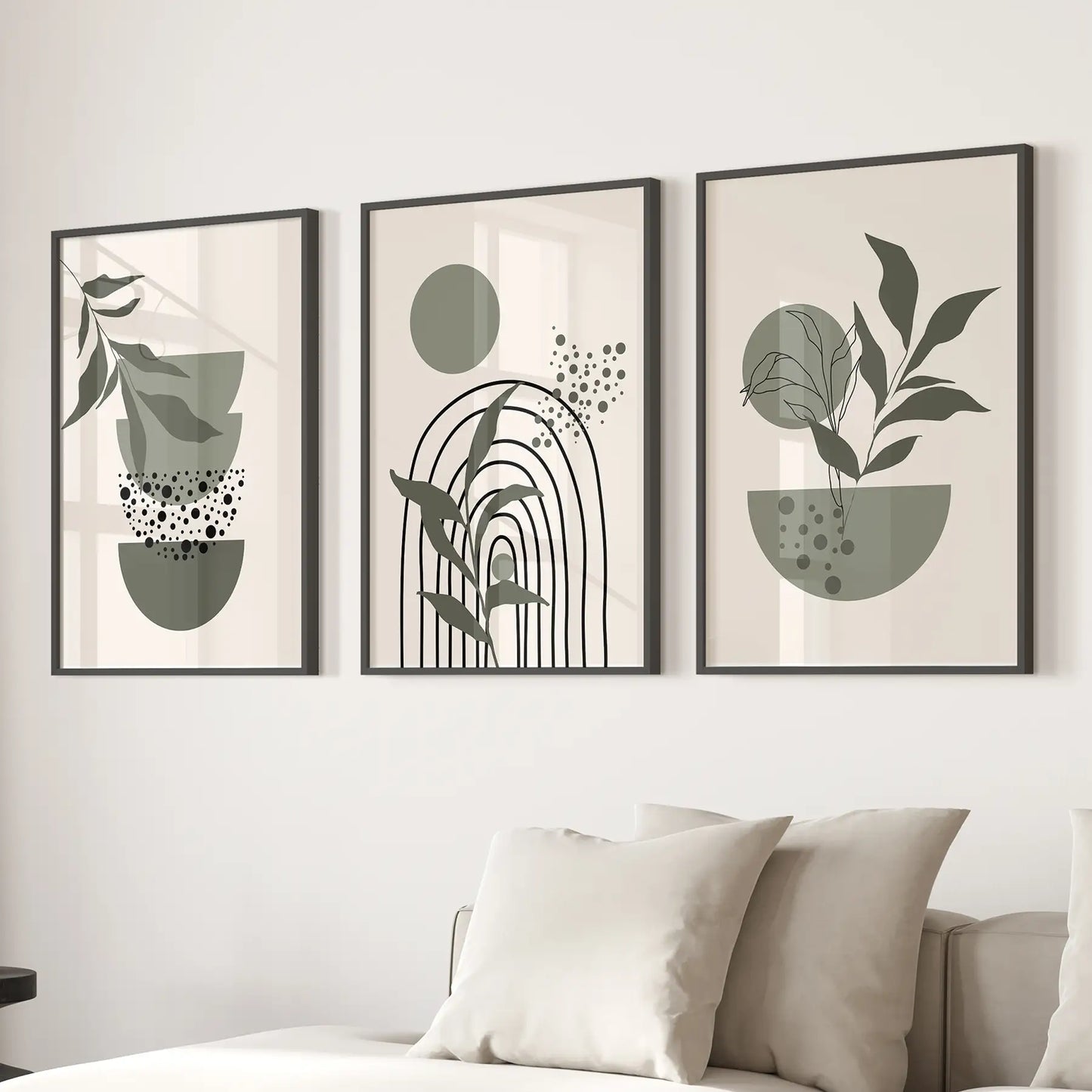 Boho Green Mid-Century Abstract Wall Art Set of 3