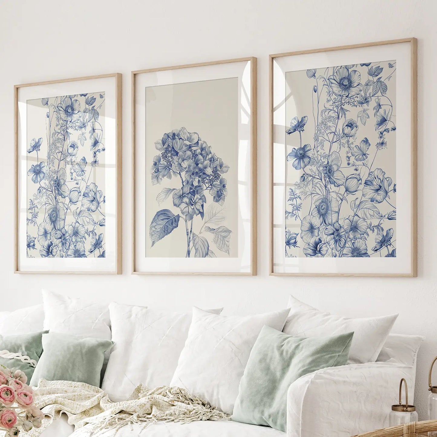Chinoiserie Blue Flowers Watercolor Wall Art Set of 3
