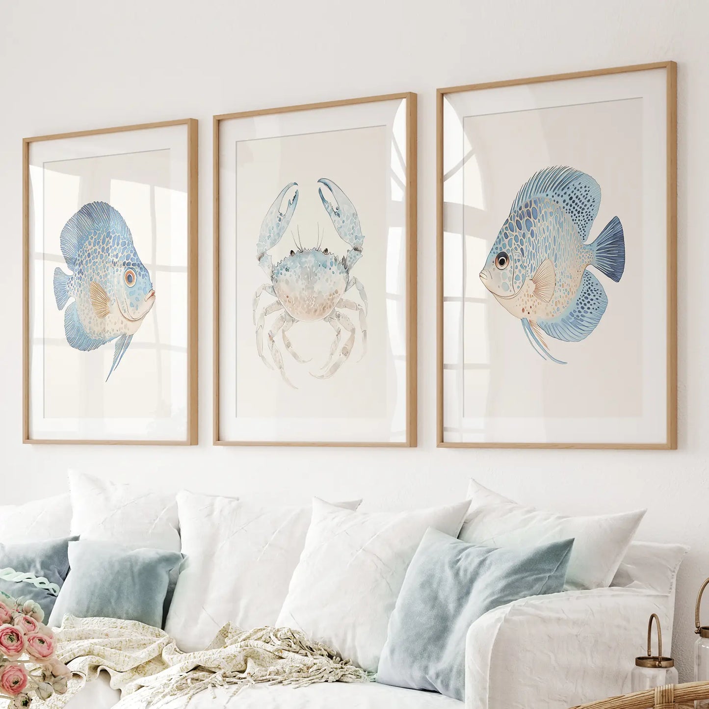 Coastal Ocean Life Wall Art Set of 3 - Fish and Blue Crab