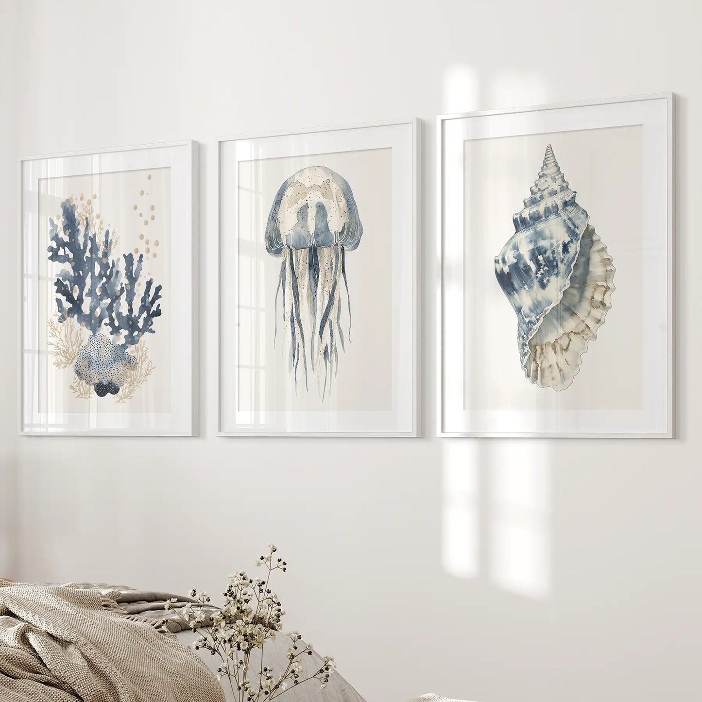Beach House Wall Art Set Blue Coral Jellyfish Shell