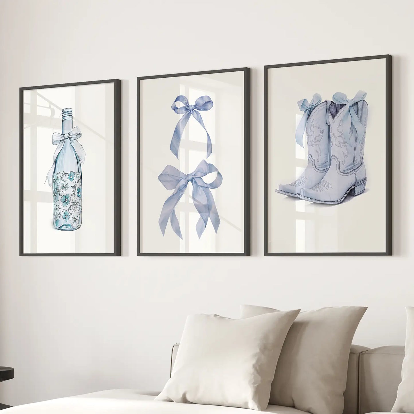 Preppy Blue Western Wall Art Set of 3 Prints Decor