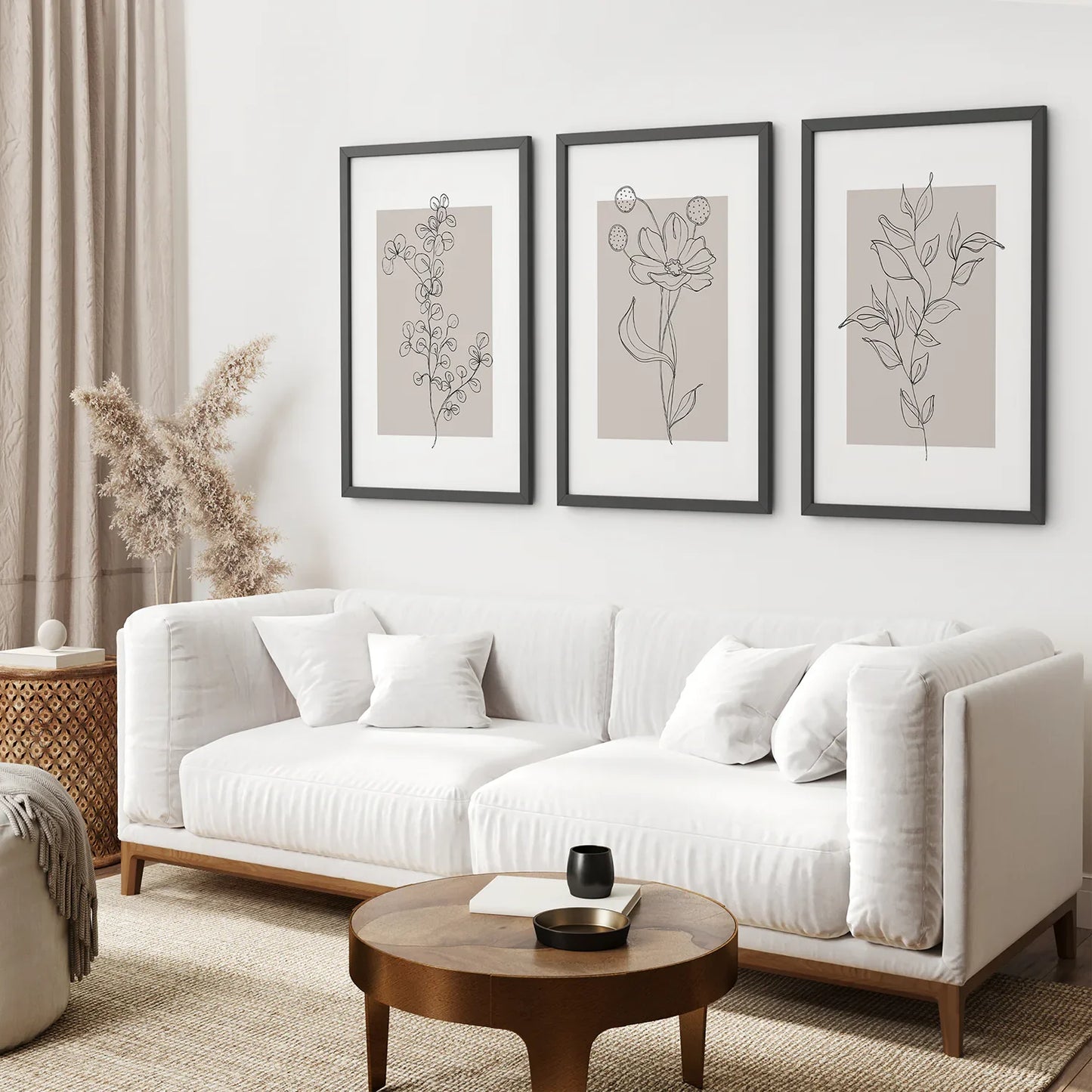Pastel Botanical Wall Art Set of 3, Gray and Beige Floral