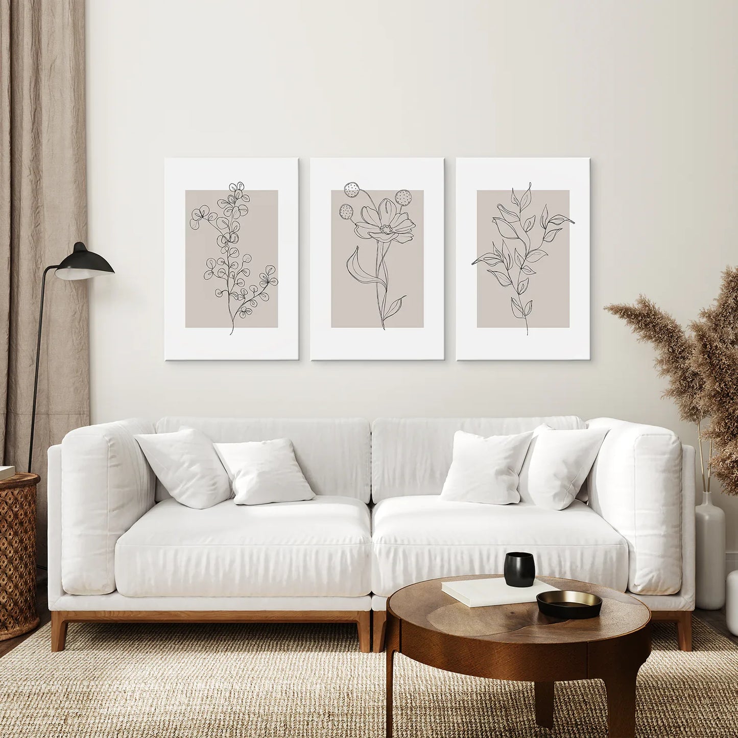 Pastel Botanical Wall Art Set of 3, Gray and Beige Floral