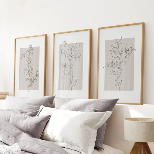 Pastel botanical floral wall art set of 3 in gray and beige