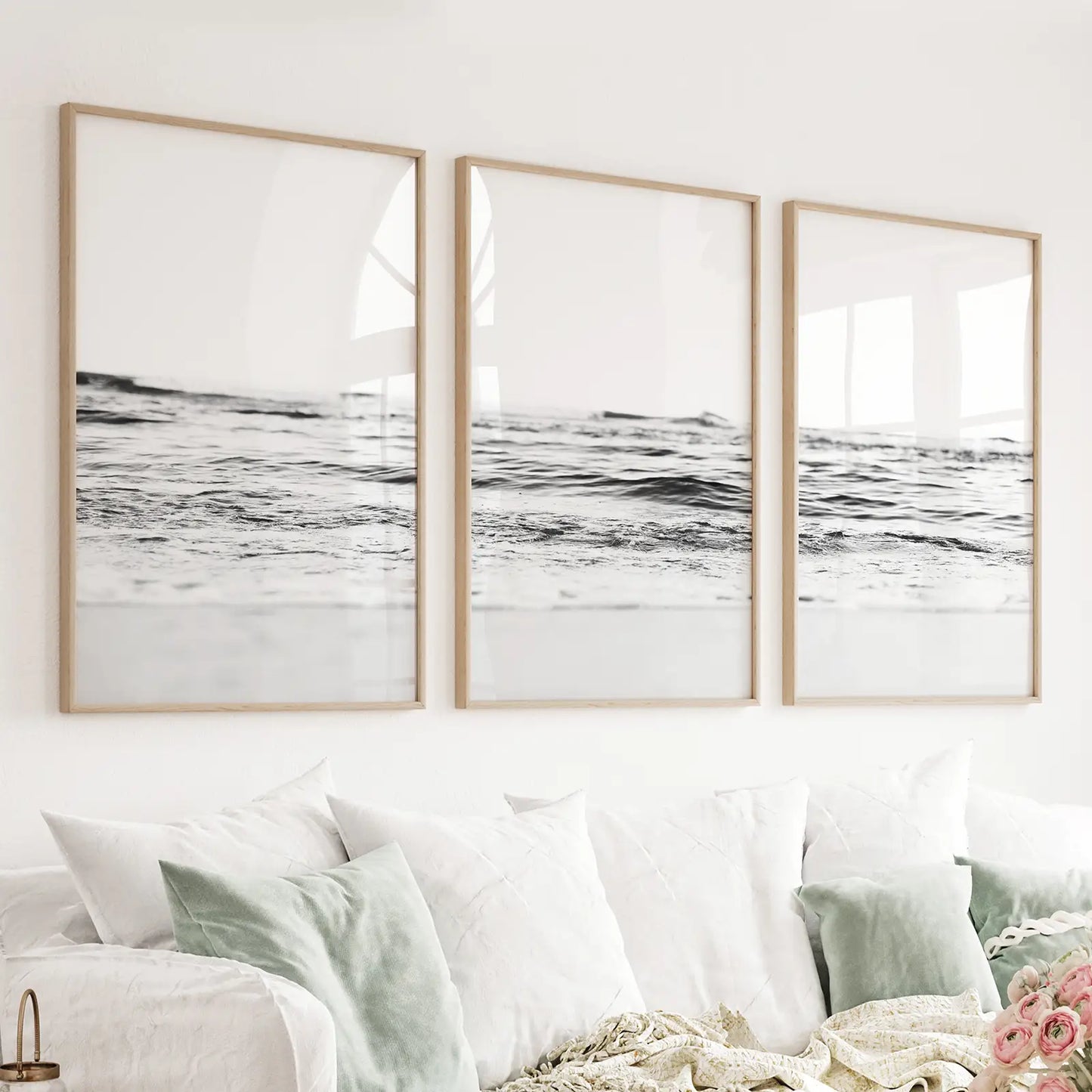 Black and white beach wave 3 piece coastal wall art set