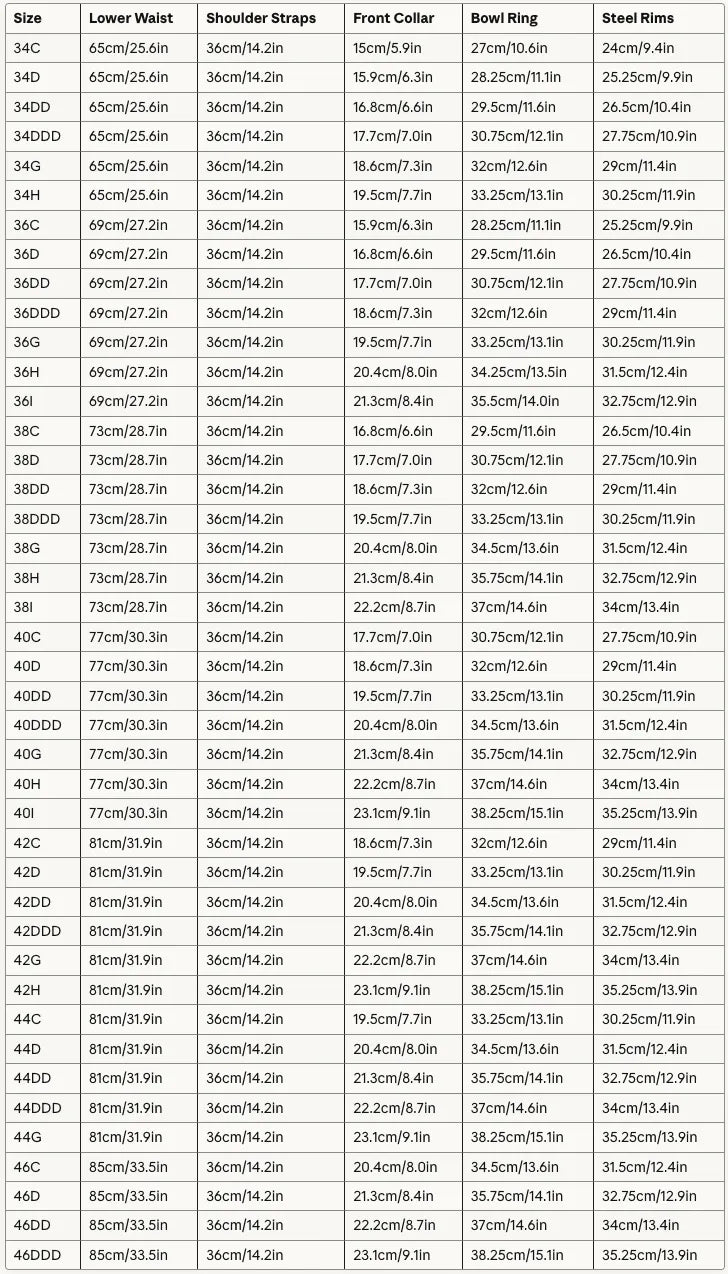 Minimizer bra size chart showing measurements for 34C through 46DDD cup sizes band waist specifications