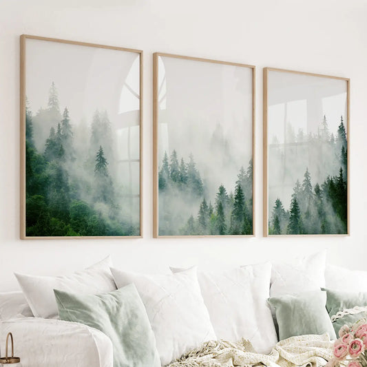 Evergreen misty pine forest triptych 3 piece wall art set