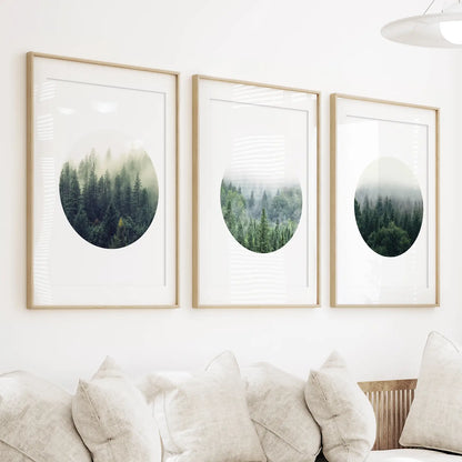 Nordic Forest Wall Art, Scandinavian Circle 3 Piece Set