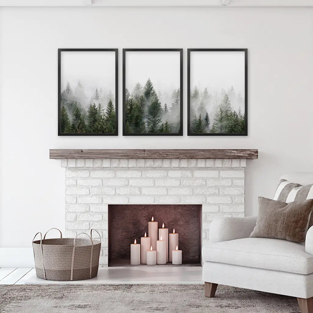 Pine Forest Wall Art Triptych. Foggy Nordic Trees