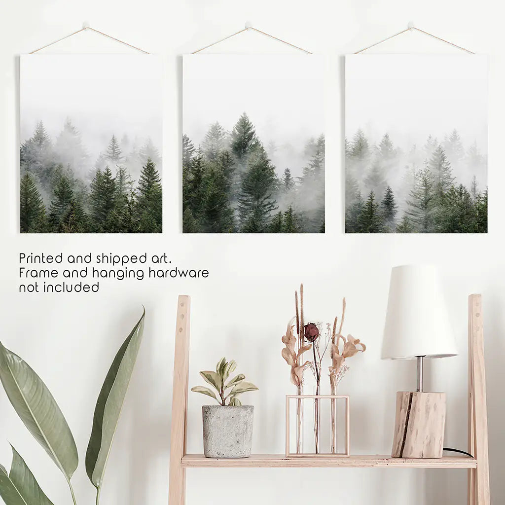 Pine Forest Wall Art Triptych. Foggy Nordic Trees