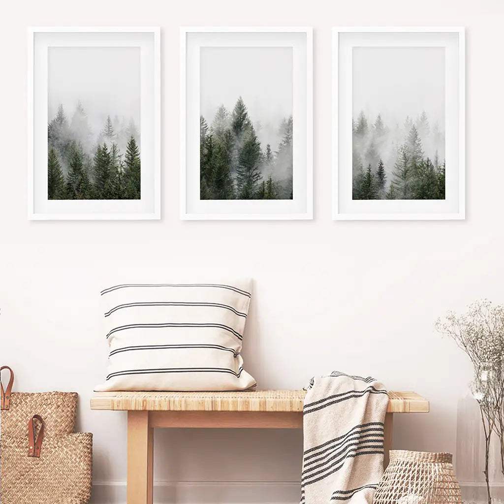 Pine Forest Wall Art Triptych. Foggy Nordic Trees