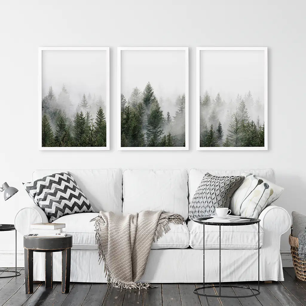 Pine Forest Wall Art Triptych. Foggy Nordic Trees