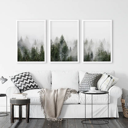 Pine Forest Wall Art Triptych. Foggy Nordic Trees