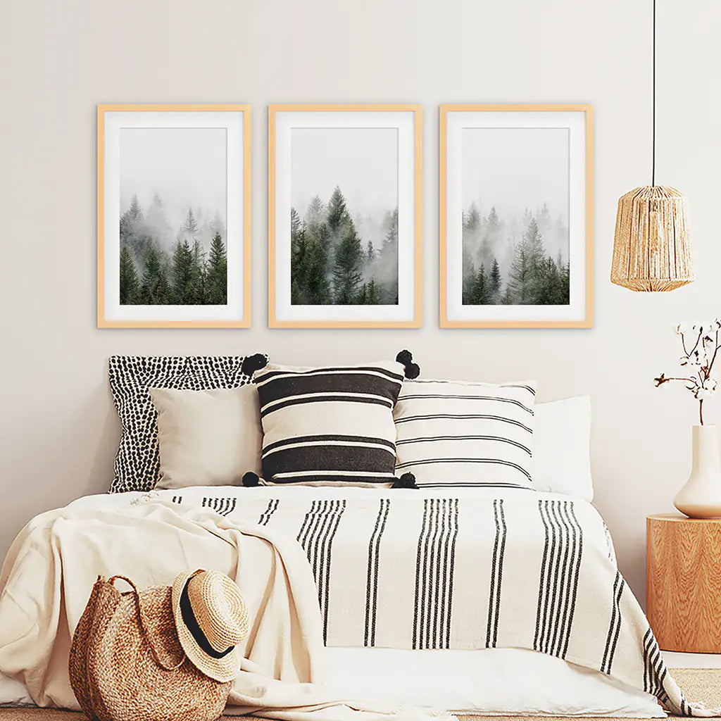 Pine Forest Wall Art Triptych. Foggy Nordic Trees