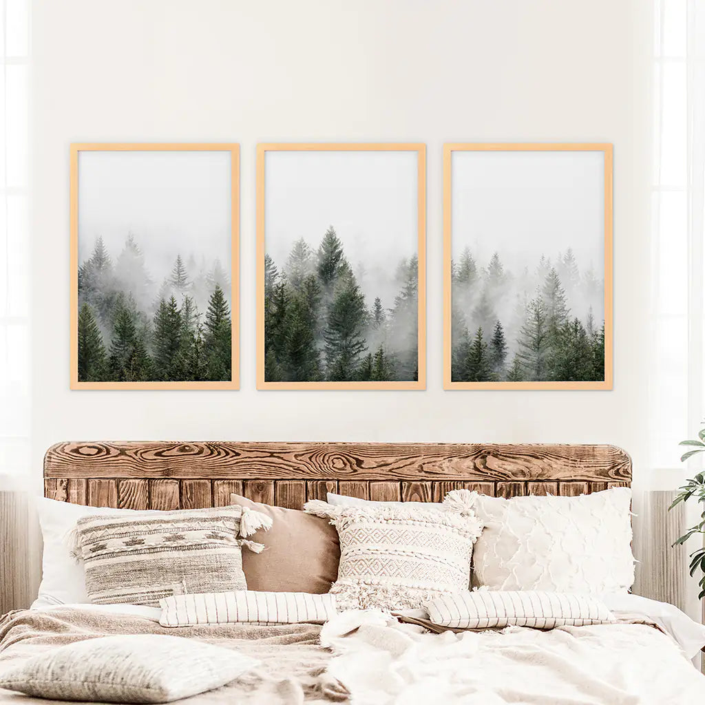 Pine Forest Wall Art Triptych. Foggy Nordic Trees