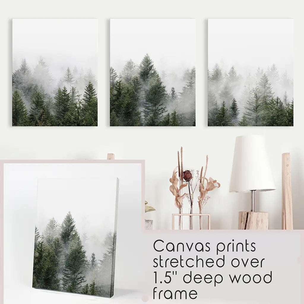 Pine Forest Wall Art Triptych. Foggy Nordic Trees