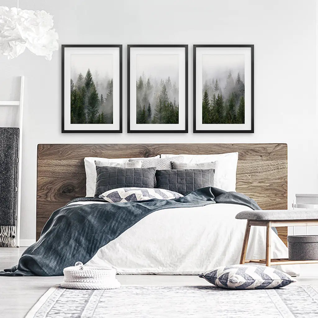 Green Pine Forest Wall Art, Foggy Nature 3 Piece Set